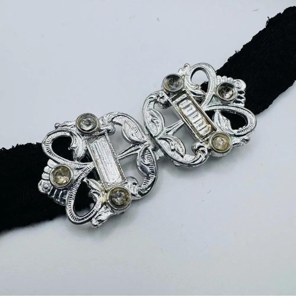 VTG WMCA Art Deco Silver Tone Belt Buckle Black Lace Belt Missing Rhinestones